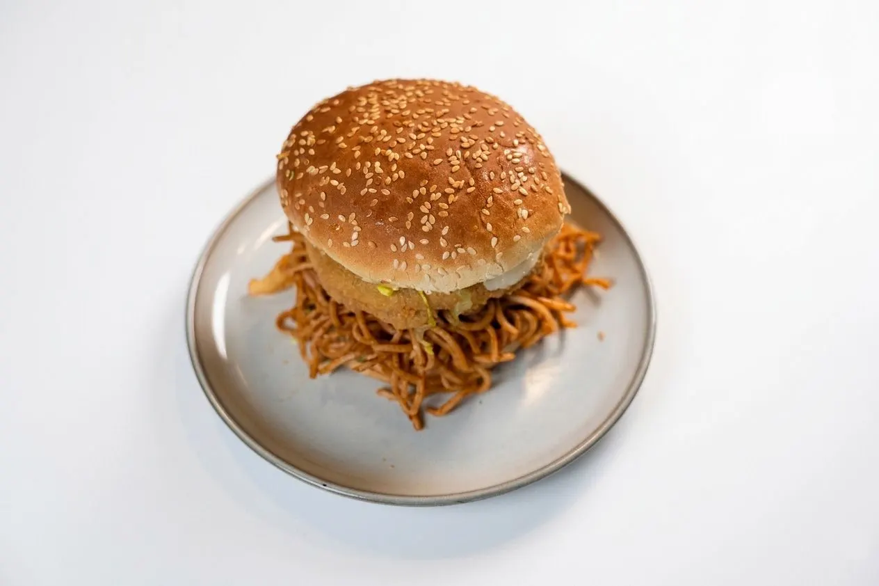 Noodle burger served at The Chai Hut
